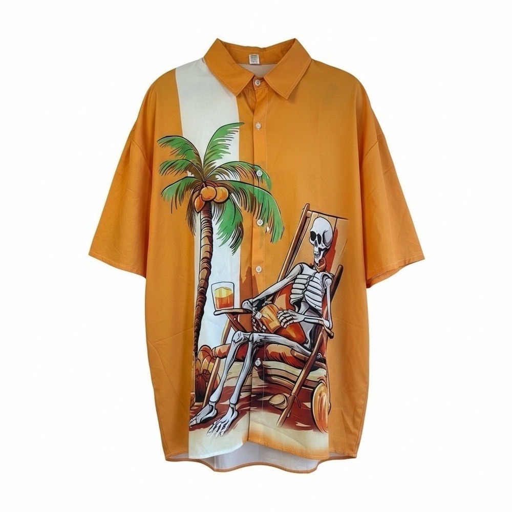 Graphic Shirt Men 3XL Orange Skeleton Lounge Chair Cocktails Palm Tree Button Up